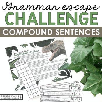 Preview of Compound Sentence Type Grammar Activity Escape Room Challenge, Slides, and Quiz