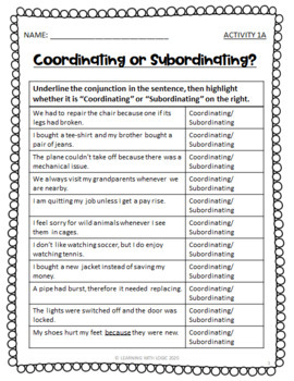 CONJUNCTIONS WORKSHEETS - Grades 4-6 - Coordinating & Subordinating