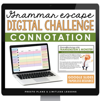 Preview of Connotation Vocabulary Word Practice Digital Escape Activity, Slides, and Quiz