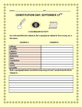 Preview of CONSTIITUTION DAY: VOCABULARY ACTIVITY
