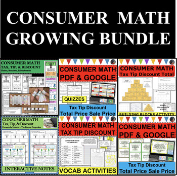 Preview of CONSUMER MATH BUNDLE Sales Tax Discount Tip Total Cost Price PDF & GOOGLE SLIDES