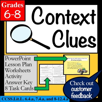 Preview of CONTEXT CLUES grades 6, 7 & 8: Lesson, PowerPoint, Task Cards, Worksheets +