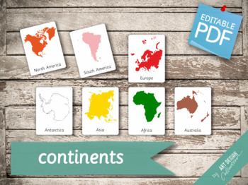 Preview of CONTINENTS of the WORLD • 8+8+8 Montessori 3-part Cards • LARGE Size World Map