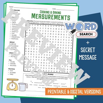 Preview of COOKING & BAKING MEASUREMENTS Word Search Puzzle Activity Vocabulary Worksheet