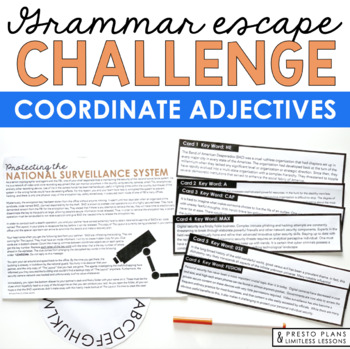 Preview of Commas With Coordinate Adjectives - Slides and Grammar Activity Escape Challenge