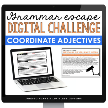 Preview of Coordinate Adjectives Escape Room Digital Grammar Activity, Slides, and Quiz