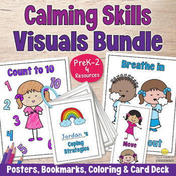 Preview of COPING SKILLS Cards, Bookmarks, Posters, Coloring: Calm Strategies Visual BUNDLE