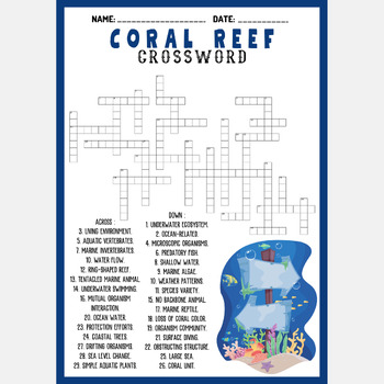 CORAL REEF crossword puzzle worksheet activity by Mind Games Studio