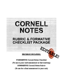 Preview of CORNELL NOTES Rubric + Formative Checklist Worksheet Activity (CCSS & editable)