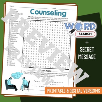 Preview of COUNSELING Word Search Puzzle Activity Vocabulary Worksheet With Secret Message