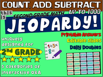 Preview of COUNT-ADD-SUBTRACT TO 1000 - Second Grade MATH JEOPARDY! handouts & Game Slides