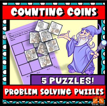 Preview of COUNTING COINS MONEY PROBLEM SOLVING PUZZLES!  CENTERS! ACTIVITY! EARLY FINISHER
