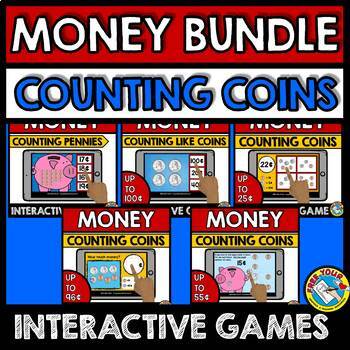 Preview of COUNTING MONEY GAMES WITH COINS BOOM CARDS MATH BUNDLE 1ST 2ND GRADE DIGITAL