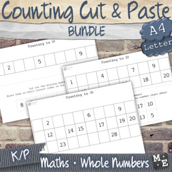 Preview of COUNTING TO 30 BUNDLE Cut and Paste to 10 20 and 30 Number Chart Worksheets