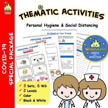 Preview of COVID-19 Personal Hygiene & Social Distancing Worksheet Pack (2 Levels) NO PREP