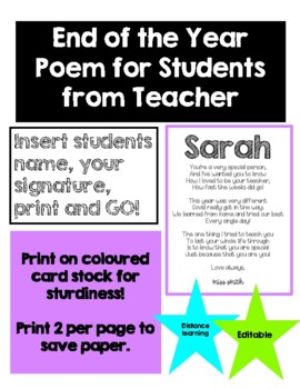 Preview of COVID/DISTANCE LEARNING - End of the Year Teacher to Student Poem