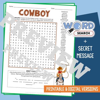Preview of COWBOY Word Search Puzzle Activity Vocabulary Worksheet With Secret Message
