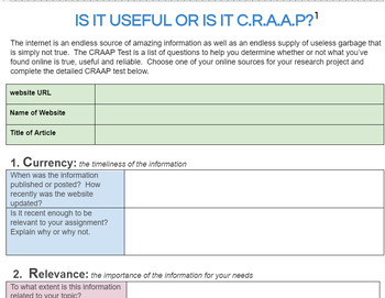 Preview of CRAAP editable handout for evaluating online sources - full version