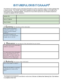 Preview of CRAAP student handout for evaluating online sources - detailed version