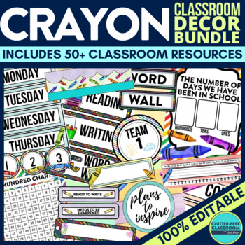 Preview of CRAYON Classroom Decor Bundle ART Theme Decorations Editable colorful crayon box