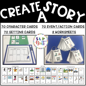 Preview of CREATE A STORY, STORY CARDS & WORKSHEET, STORY RETELL