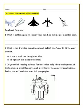 Preview of CREATIVE THINKING ASSIGNMENT: GRADES 4-8, MG, GIFTED/TALENTED, SCIENCE