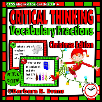Preview of CRITICAL THINKING ACTIVITY Christmas Vocabulary Fractions Task Cards