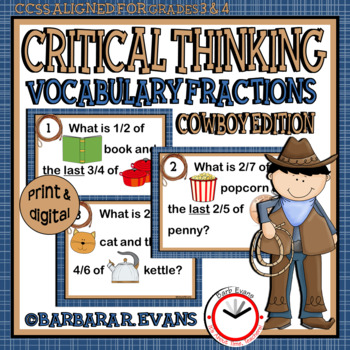 Preview of CRITICAL THINKING TASK CARDS Cowboy Vocabulary Fractions Activities