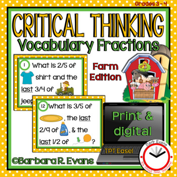 Preview of CRITICAL THINKING TASK CARDS Farm Vocabulary Fractions Activities