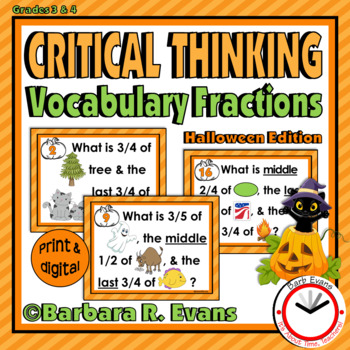 Preview of CRITICAL THINKING TASK CARDS Halloween Vocabulary Fractions 