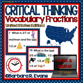 Preview of CRITICAL THINKING TASK CARDS States Edition 1 Vocabulary Fractions Activities
