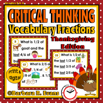 Preview of CRITICAL THINKING TASK CARDS Thanksgiving Vocabulary Fractions Activities