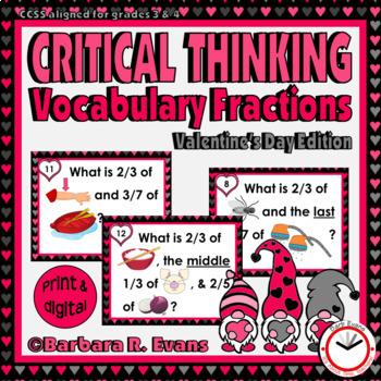 Preview of CRITICAL THINKING TASK CARDS Valentine's Day Vocabulary Fractions Activities