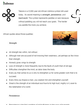 Preview of CRSE handout and reading - Growth Mindset.  Uses African symbol for persistence