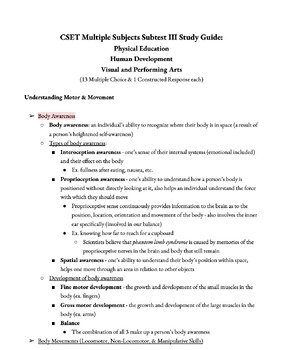 Preview of CSET Multiple Subjects 3 STUDY GUIDE (Subtest III - PE, H. Development, & Arts)