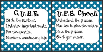 Preview of CUBE & UPS Check Math Posters & Student Reminder Page: Blue Polka Dots