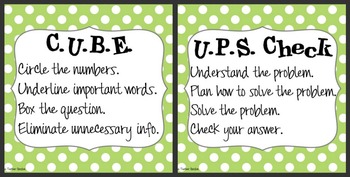 Preview of CUBE & UPS Check Math Posters & Student Reminder Page: Lime Polka Dot