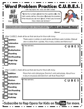 Preview of CUBES Math Strategy Word Problems Song and Worksheet