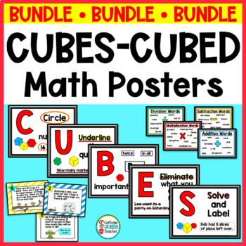 Preview of CUBES Word Problem Strategy Posters and Task Card BUNDLE for Math
