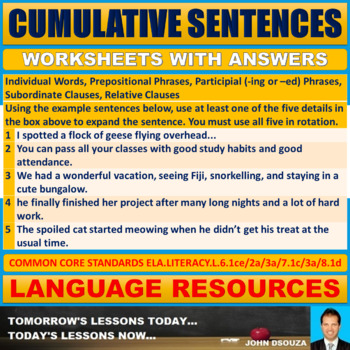 Preview of CUMULATIVE SENTENCES WORKSHEETS WITH ANSWERS