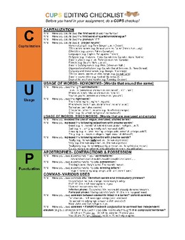 Preview of CUPS- Grammar and punctuation editing checklist- great for peer editing!