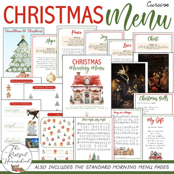 Preview of CURSIVE CHRISTMAS ADVENT Morning Menu Pages | Homeschool Basket | Calendar Pages
