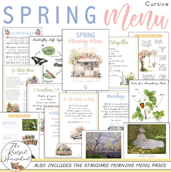 Preview of CURSIVE SPRING Morning Menu Pages | Homeschool Morning Basket | Calendar Pages