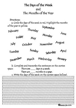 CURSIVE WRITING - DAYS OF THE WEEK & MONTHS OF THE YEAR by Anelia Cibu