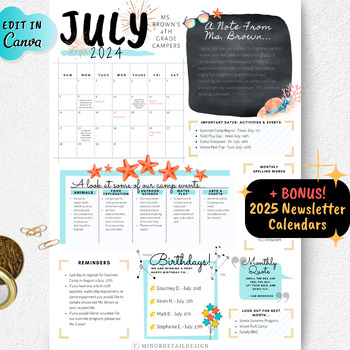 Preview of CUSTOMIZABLE School Newsletter, July Newsletter, Camp Newsletter Template, Note