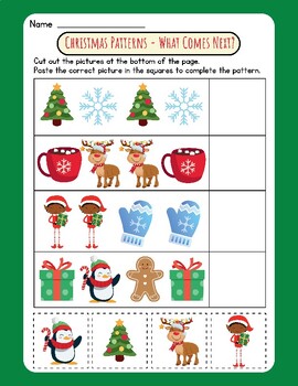 Preview of CUTE! Christmas Find the Pattern Worksheet: What Comes Next? Sort Order Cut FUN!
