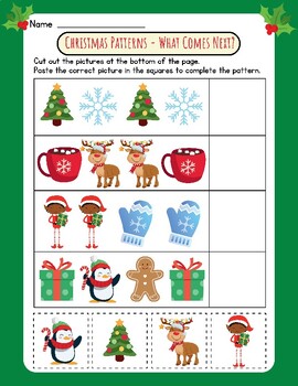 Preview of CUTE! Christmas Find the Pattern Worksheet: What Comes Next? Sort Order Cut FUN!