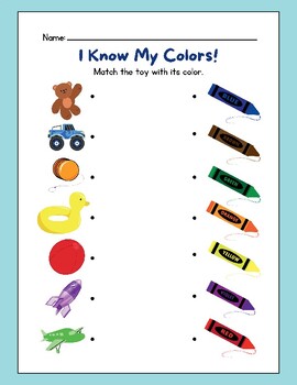 Preview of CUTE Color Matching Worksheet FUN Draw a Line Match Crayon to Toy Recognition