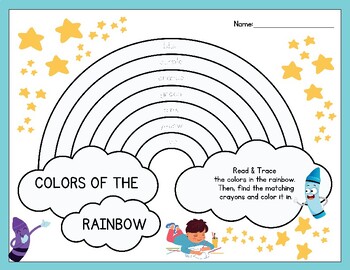 Preview of CUTE Colors of the Rainbow Color Recognition Worksheet FUN Read Trace Color K-5