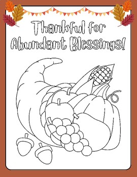 Preview of CUTE! Cornucopia Abundant Blessings Thanksgiving Coloring Sheet Printable Page